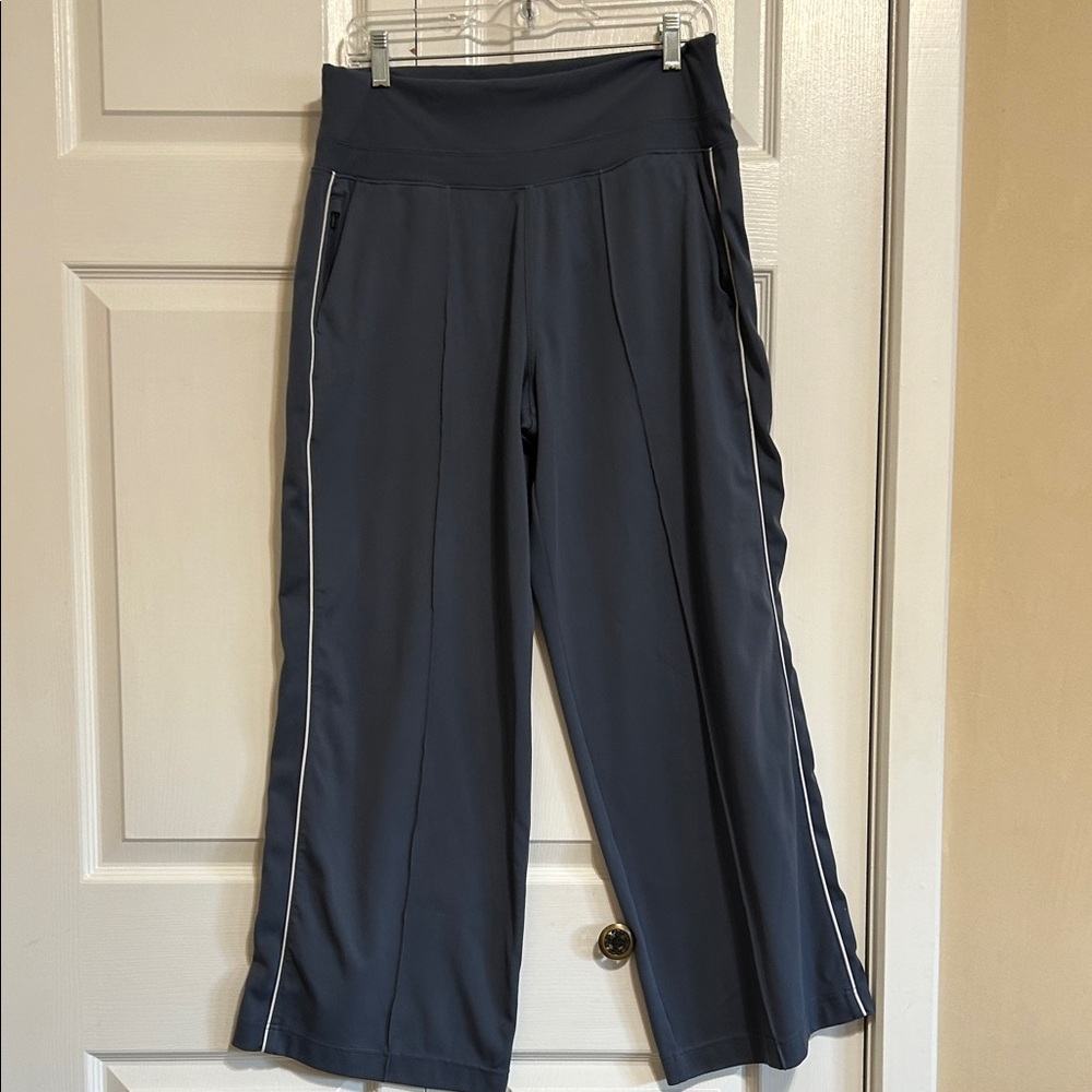 Athleta Gray High-Rise Wide-Leg Performance Pants with White Trim